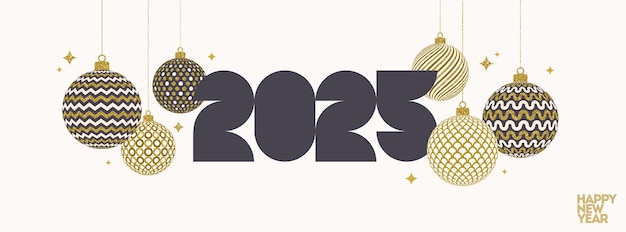 2025 new year greeting card with patterned golden baubles Vector illustration with christmas decor