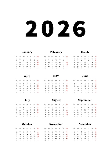 2026 year simple vertical calendar in english language typographic calendar on white