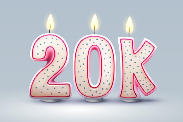 20k followers of online users, congratulatory candles in the form of numbers. Vector illustration