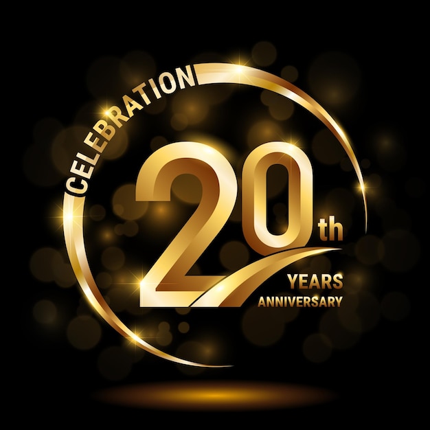 20th Anniversary Celebration logo design with gold ring and golden number Logo Vector Template