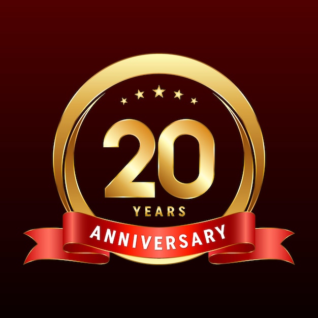 20th Anniversary logo design with golden ring and red ribbon Logo Vector Template Illustration