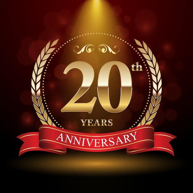 20th anniversary logo design with Laurel wreath and red ribbon Logo Vector Template