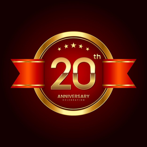 20th Anniversary logo with badge style Anniversary logo with gold color and red ribbon Logo Vector