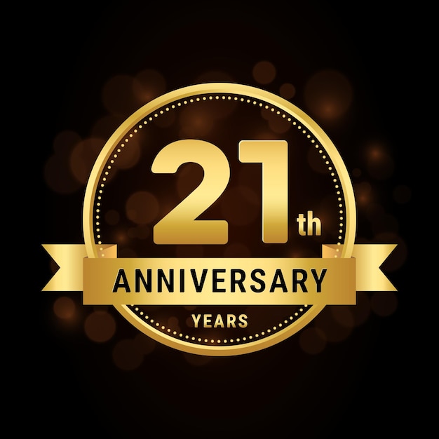 21th anniversary anniversary celebration template design with gold ribbon Logo vector illustration