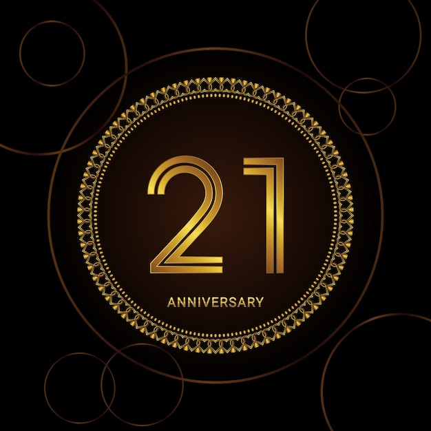 21th Anniversary Celebration with golden text and ring Golden anniversary vector template