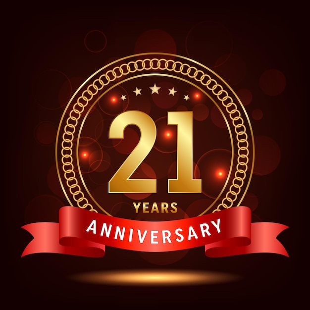 21th Anniversary Golden number with sparkling confetti and red ribbon Vector Template