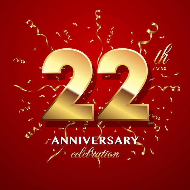 22th Anniversary Celebration Logo design with golden number and ribbon Logo Vector Template