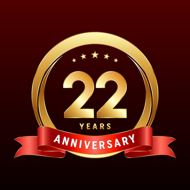 22th Anniversary logo design with golden ring and red ribbon Logo Vector Template Illustration