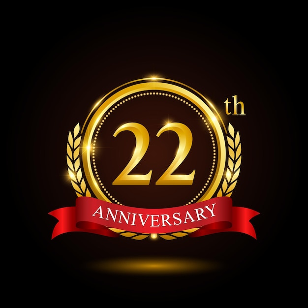 22th golden anniversary template design with shiny ring and red ribbon laurel wreath isolated on black background logo vector