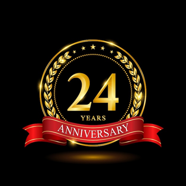 24 Years Anniversary template design with shiny ring and red ribbon laurel wreath isolated on black background logo vector