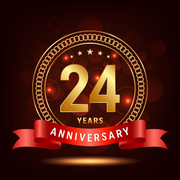 24th Anniversary Golden number with sparkling confetti and red ribbon Vector Template