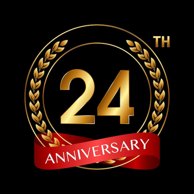 24th Anniversary Logo Design with Laurel Wreath and Red Ribbon Logo Vector Illustration