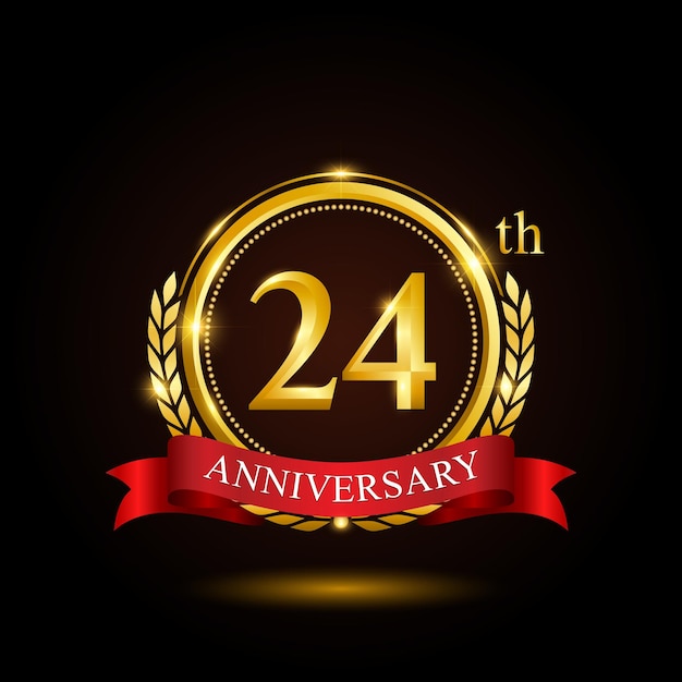 24th golden anniversary template design with shiny ring and red ribbon laurel wreath isolated on black background logo vector