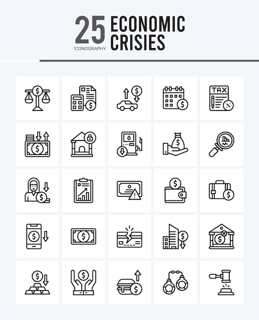 25 Economic Crisies Outline icons Pack vector illustration