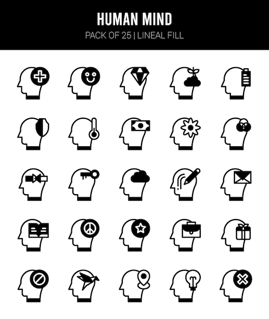 25 Human Mind Lineal Fill icons Pack vector illustration