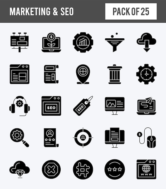 25 Marketing and Seo Glyph icon pack vector illustration