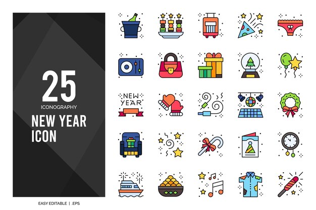 25 New Year Lineal Color icon pack vector illustration