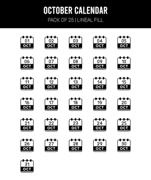 25 October Calendar Lineal Fill icons Pack vector illustration