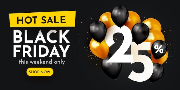 25 percent Off Discount creative composition Black Friday sale symbol with balloons and golden confetti Sale banner and poster