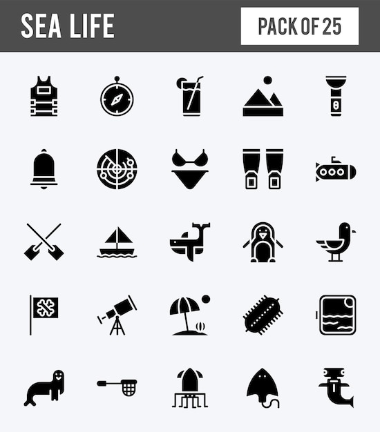 25 Sea Life Glyph icons pack vector illustration