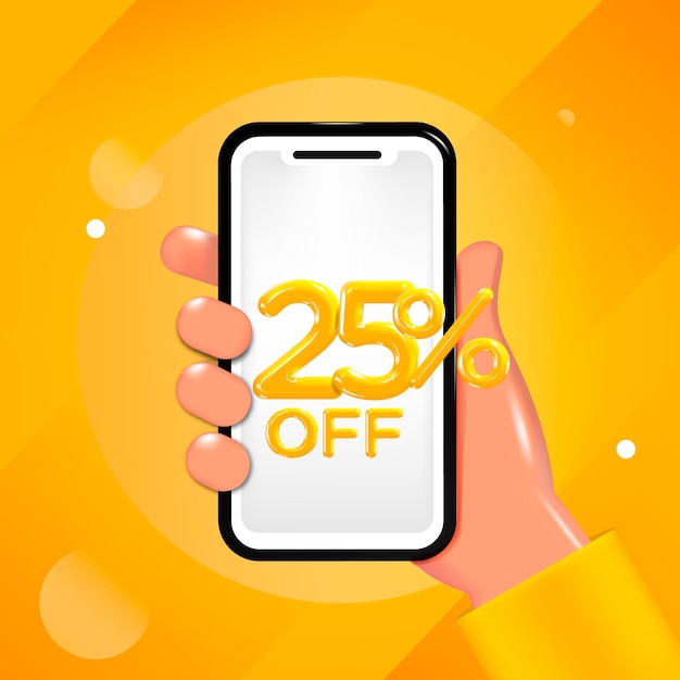 25 or Twenty five percent off design. Hand holding a mobile phone with an offer message.