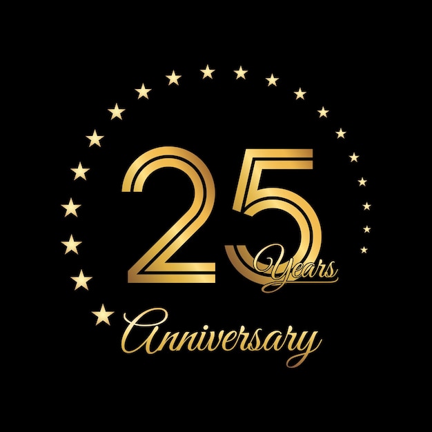 25 Years Anniversary logo design with golden color Handwriting style Line Art Logo Vector Template