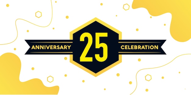 Vector 25 years anniversary logo vector design with yellow geometric shape with black on white background