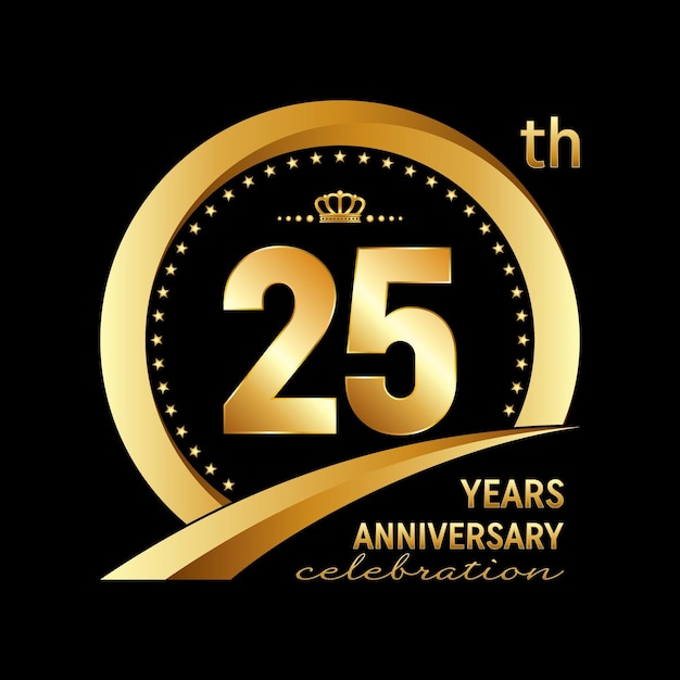 25th Anniversary logo design with golden ring for anniversary celebration event invitation wedding greeting card banner poster flyer brochure Logo Vector Template