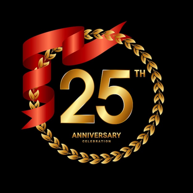 25th Anniversary Logo Design with Laurel Wreath and Red Ribbon Logo Vector Template