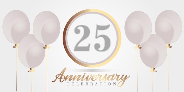 Vector 25th year anniversary celebration background.  gray and gold color numbers and text with  balloons.