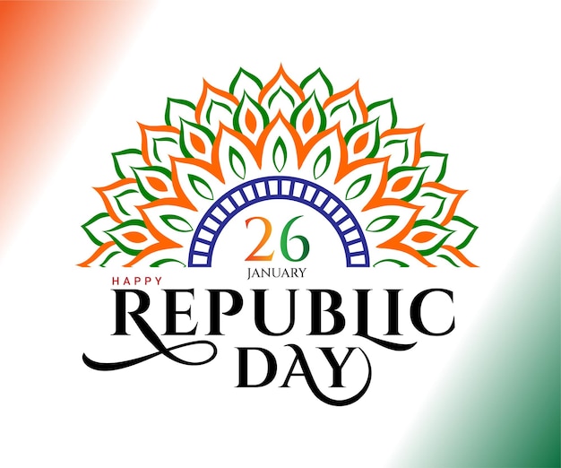 Vector 26 january happy republic day lettering with indian flag and mandala art design