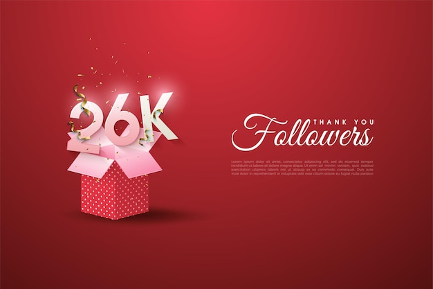 26k followers with red 3d gift box illustration.