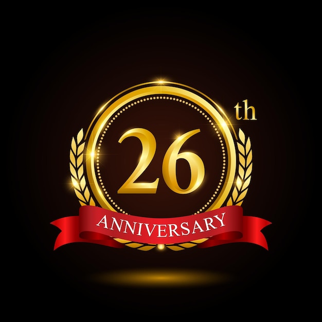 26th golden anniversary template design with shiny ring and red ribbon laurel wreath isolated on black background logo vector