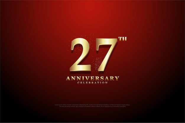 27th anniversary background with golden numerals illustration on vignette red background.