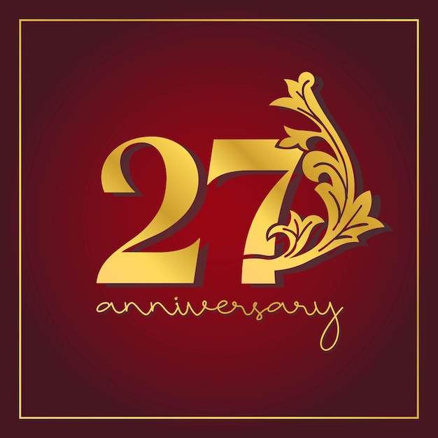 27th Anniversary celebration banner with  on red background. Vintage Decorative number vector Design