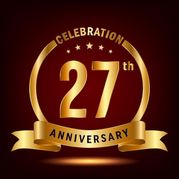 27th Anniversary Celebration logo design with ring and gold ribbon Logo Vector Template