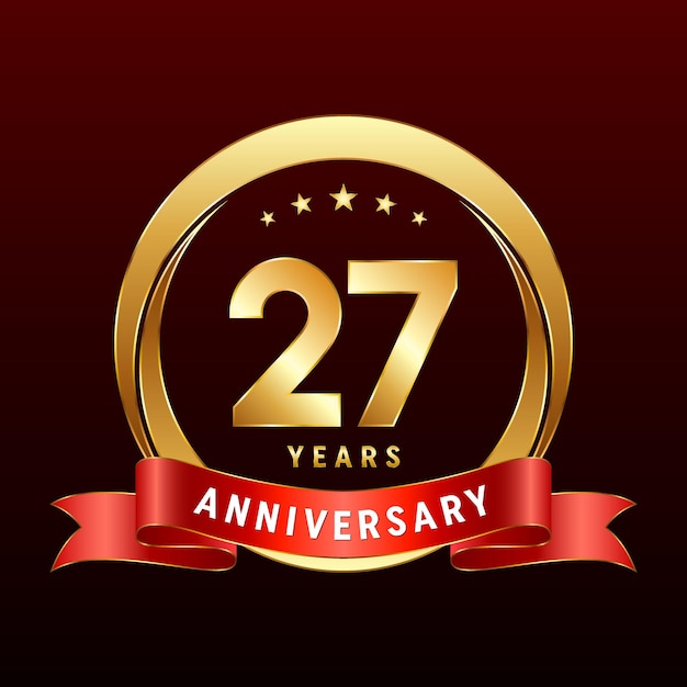 27th Anniversary logo design with golden ring and red ribbon Logo Vector Template Illustration