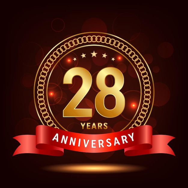 28th Anniversary Golden number with sparkling confetti and red ribbon Vector Template