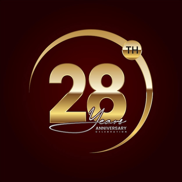 28th Anniversary Luxury logo design with golden ring Handwritten style text Logo Vector Template