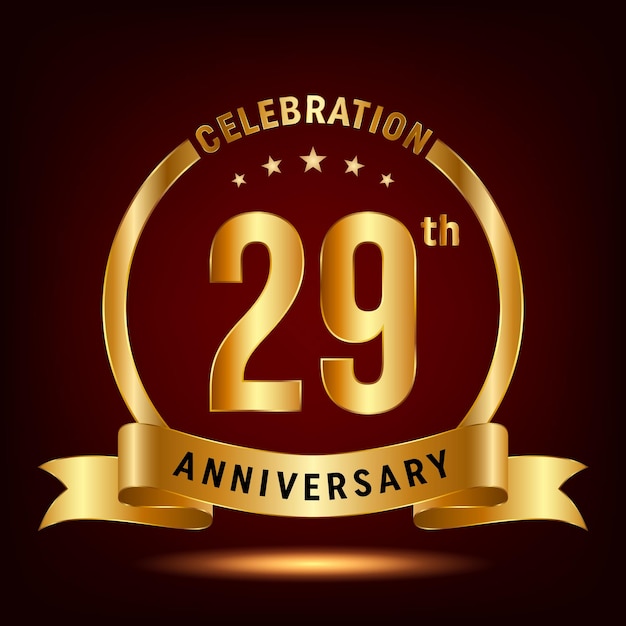 29th Anniversary Celebration logo design with ring and gold ribbon Logo Vector Template