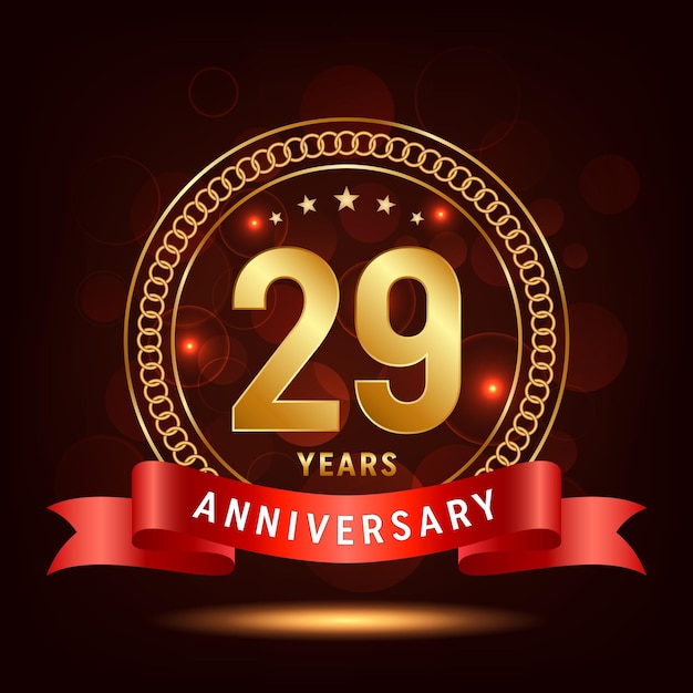 29th Anniversary Golden number with sparkling confetti and red ribbon Vector Template