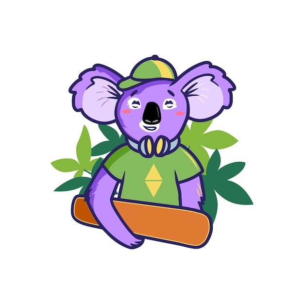 2D cartoon portrait of a koala she loves sports and music