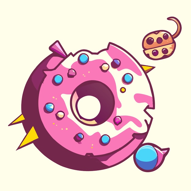 2d illustration a pink donut a broken donut a cats whole body on the donut a donut with a bite