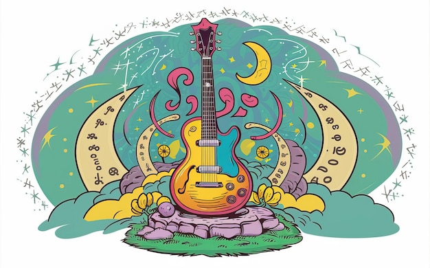 2d vector illustration art Retro music guitar with trees with colorful background Summer t shirt