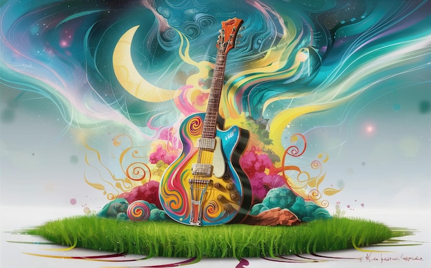 2d vector illustration art Retro music guitar with trees with colorful background Summer t shirt