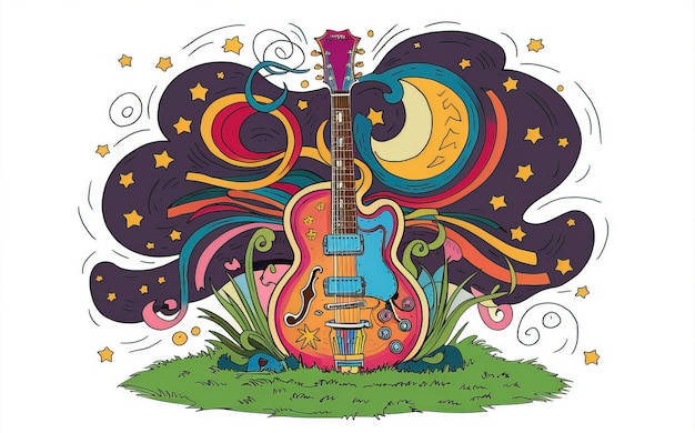 2d vector illustration art Retro music guitar with trees with colorful background Summer t shirt