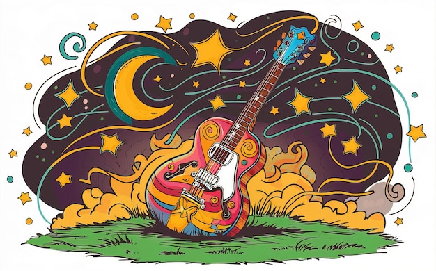 2d vector illustration art Retro music guitar with trees with colorful background Summer t shirt