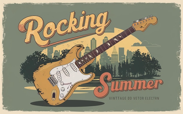 2d vector illustration art Retro music guitar with trees with colorful background Summer t shirt