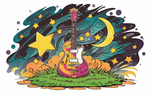 2d vector illustration art Retro music guitar with trees with colorful background Summer t shirt