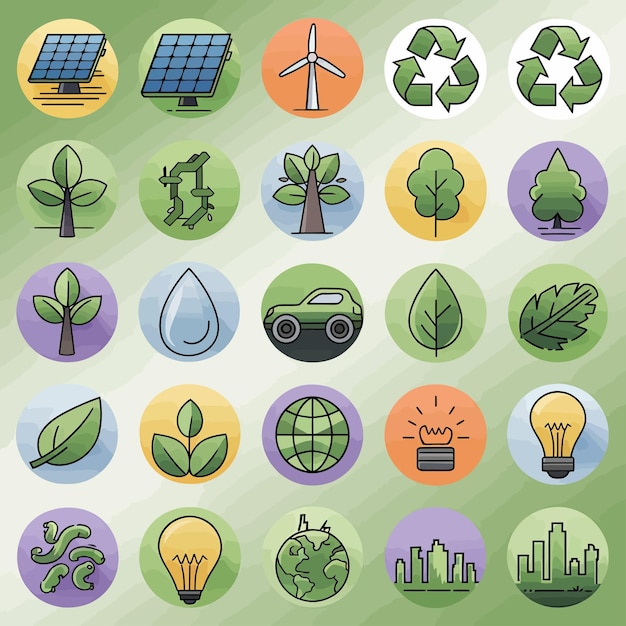 Vector 2d vector illustration colorful collection icons for clean energy renewable energy solar energy